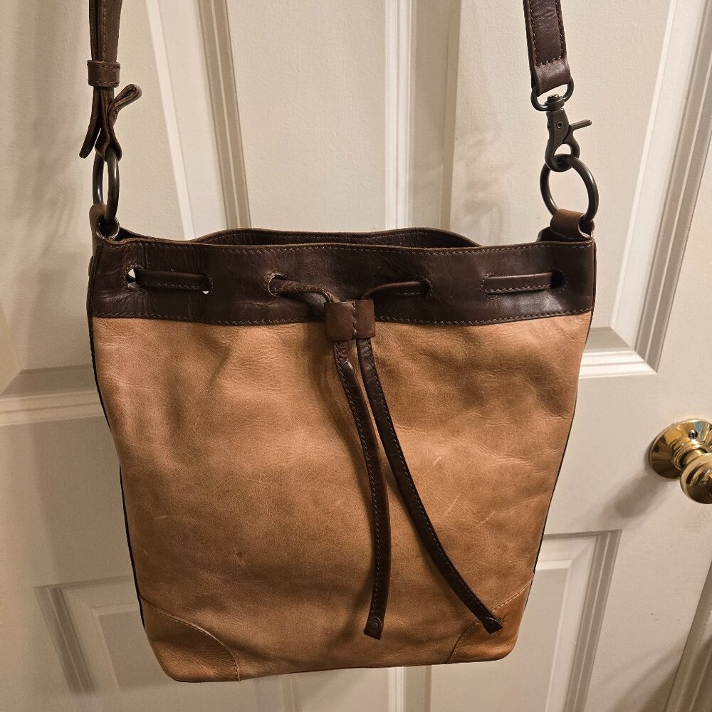 FRYE Melissa Drawstring Hobo in Beige with Brown Trim